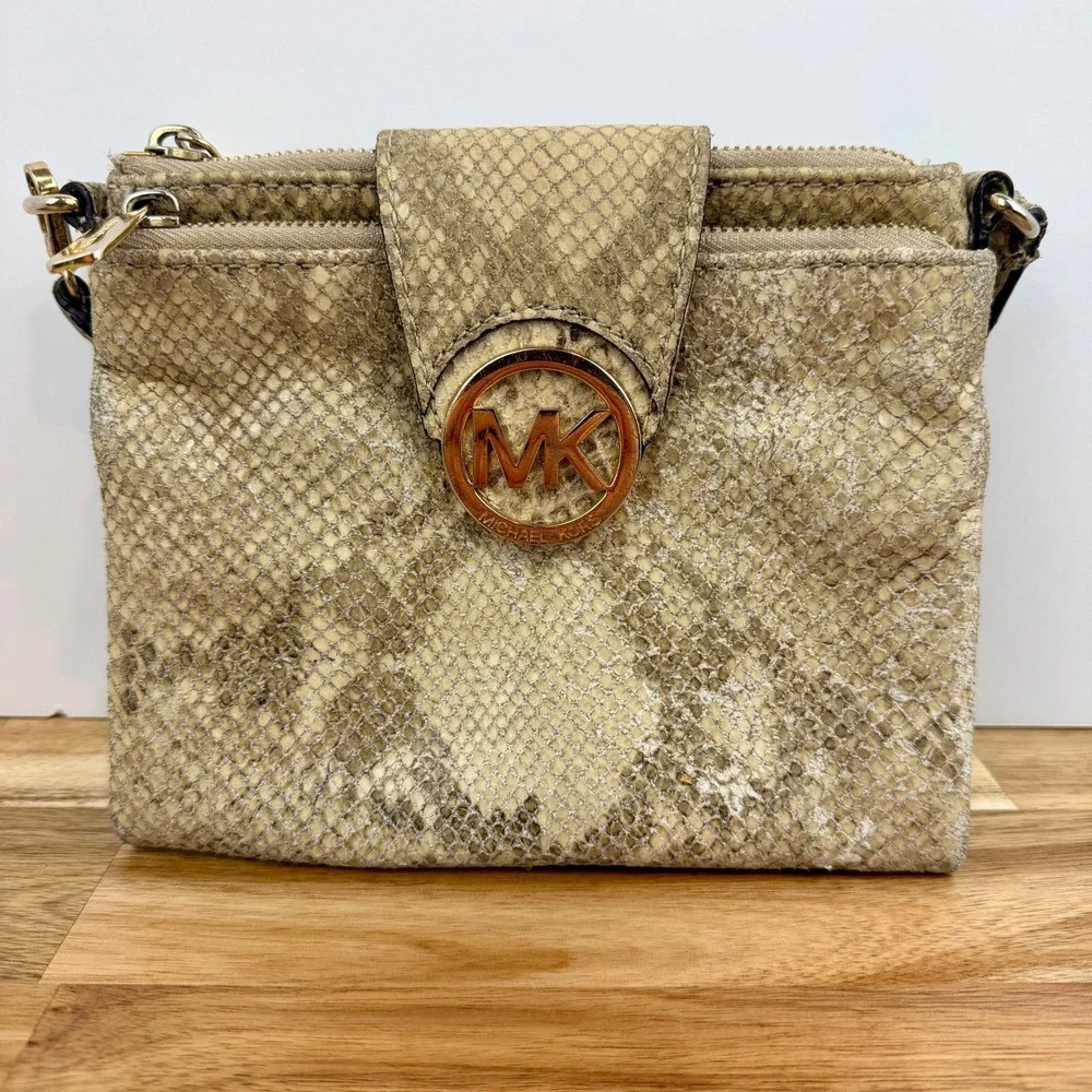 Michael Kors Snakeskin Embossed Leather Crossbody Bag Gold MK Logo Beige Tan